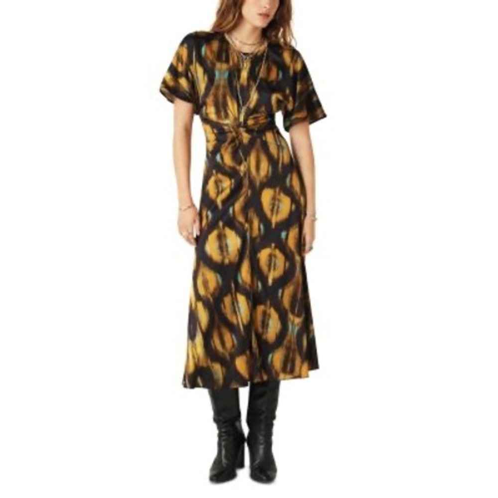 Ba&sh Soleil Printed Midi Dress Blue Night Women XS Twist‎ Waist Ochre Navy
